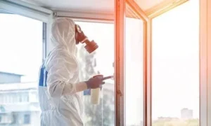 Technician cleaning soot from a window frame in hazmat suit