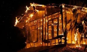Exterior of a building charred by fire damage