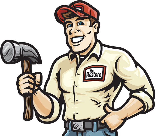 Mr. Restore company mascot logo featuring a friendly restoration expert, representing fire and water damage restoration services in Dallas/Ft. Worth, Amarillo, and Oklahoma.