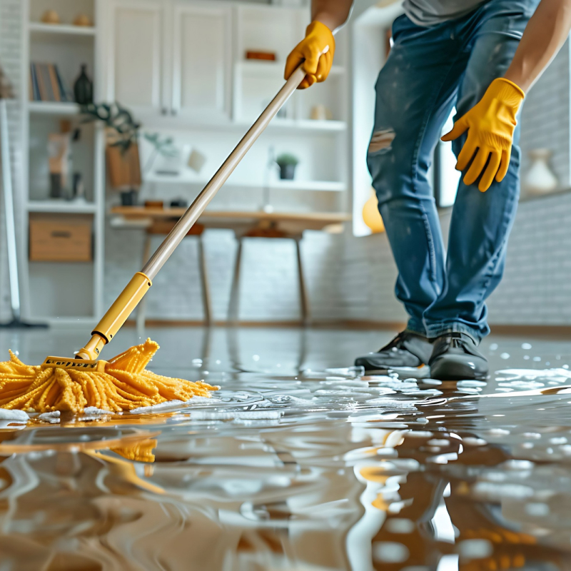 A homeowner cleaning up a flood in their home.