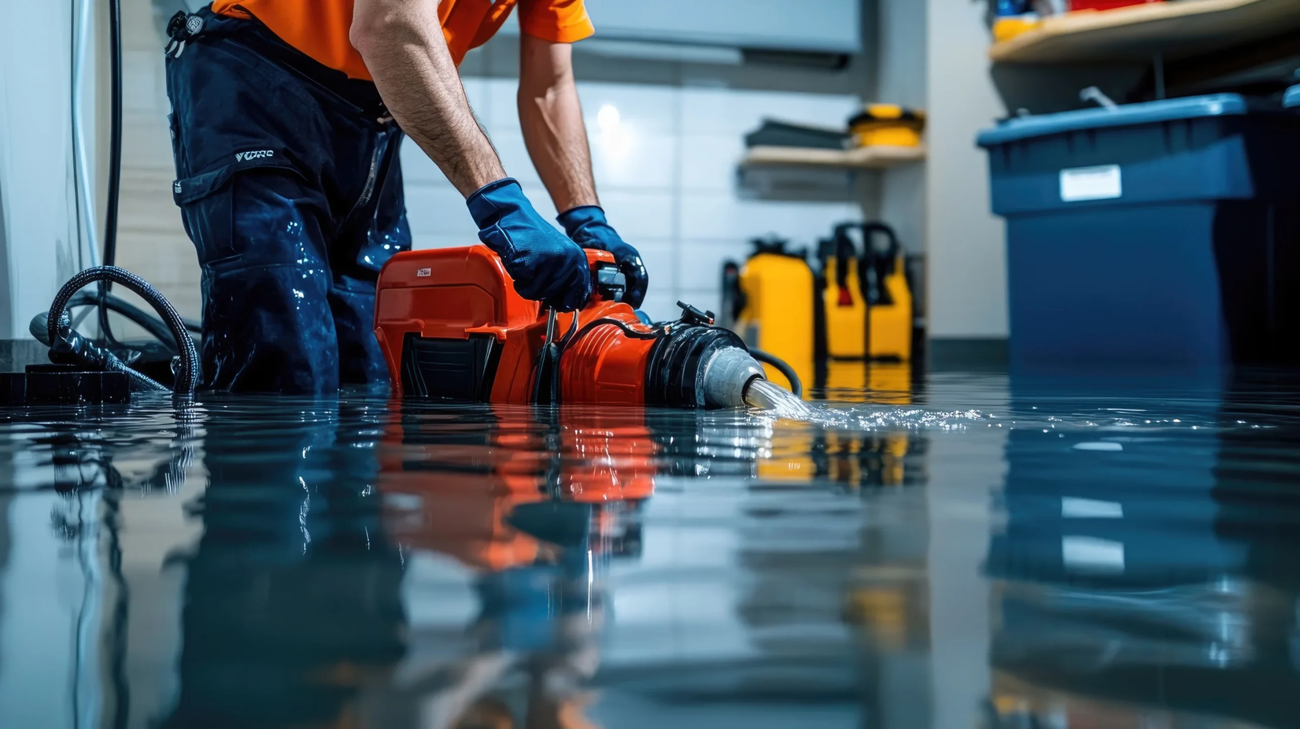 Professional flood cleanup and water damage restoration expert using high-powered water extraction equipment to remove standing water in a flooded property in Dallas, TX.