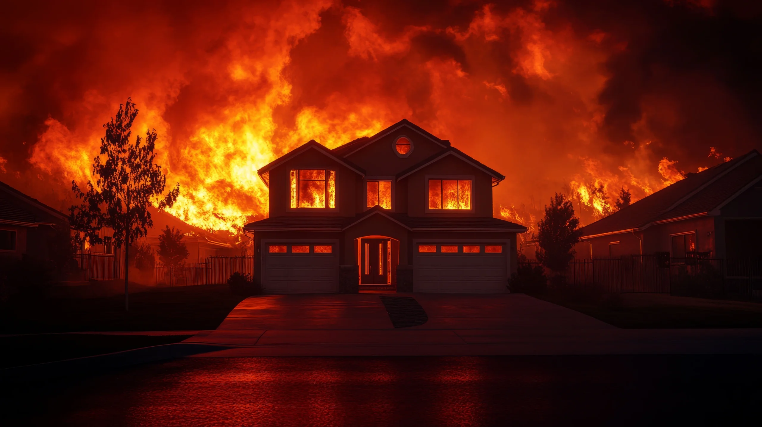 Two-story home engulfed in flames before fire damage restoration near Dallas, TX