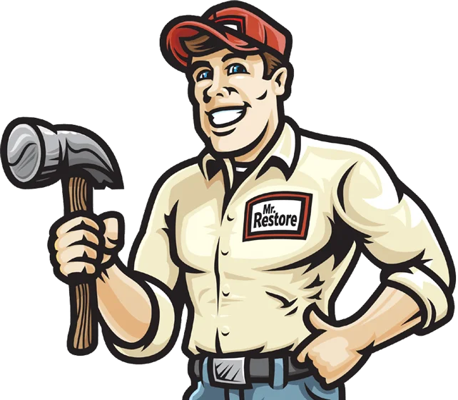 Cartoon mascot of Mr. Restore, a smiling man in a red cap and work shirt holding a hammer, with "Mr. Restore" on his pocket, representing damage restoration services in the DFW region.