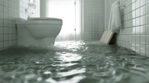 Overflowing toilet in a flooded bathroom with contaminated water covering the floor, illustrating sewage backup cleanup and remediation.
