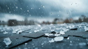 Close-up of hailstones scattered on asphalt roof shingles during a severe windstorm, illustrating storm and wind damage restoration services in DFW, Amarillo, and Oklahoma.