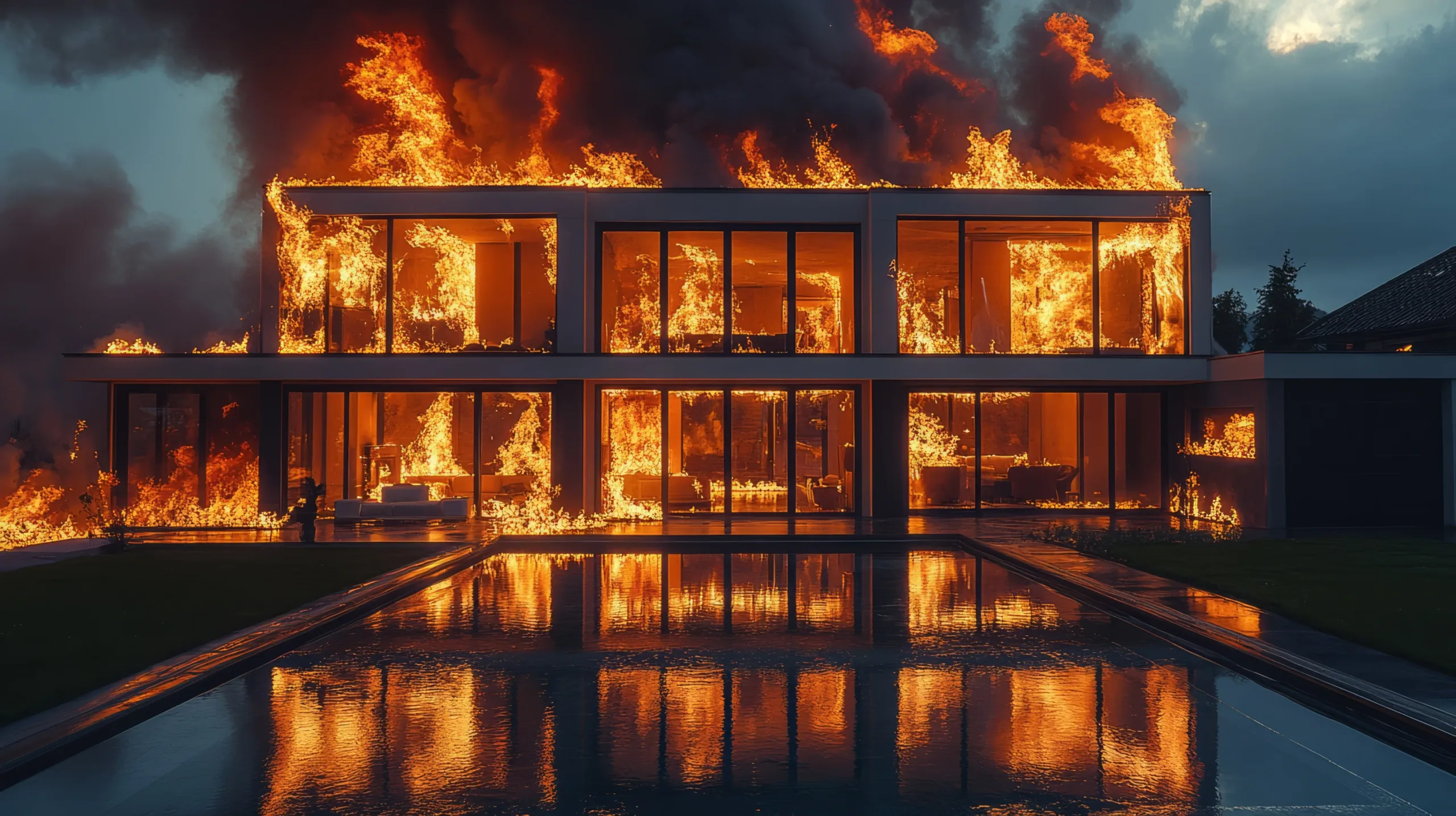 Dramatic image of a modern, multi-story glass house engulfed in large, intense flames, with the fire reflected in a swimming pool in the foreground.