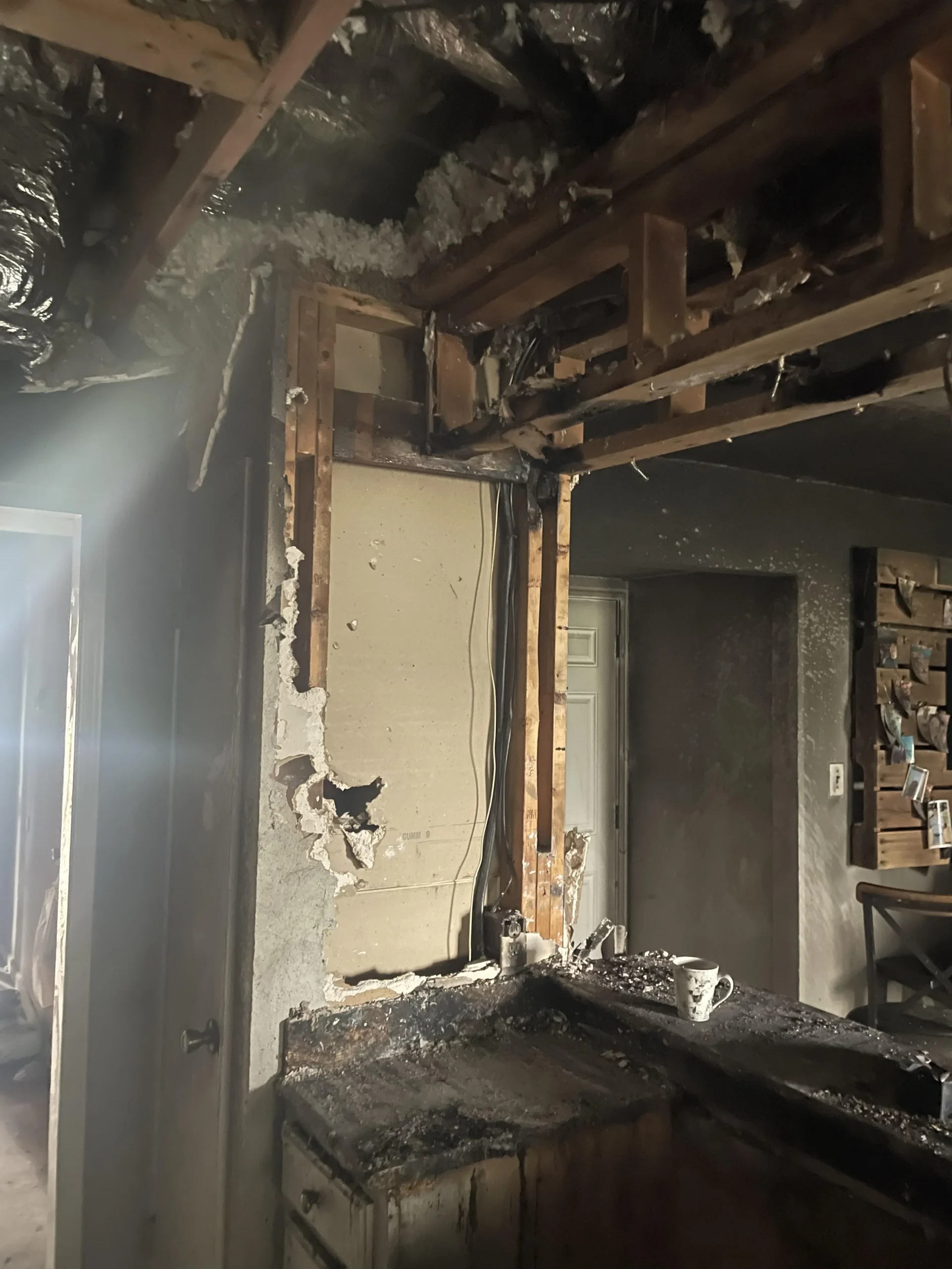 Charred kitchen framing before Mr. Restore's fire damage restoration in Frisco, TX