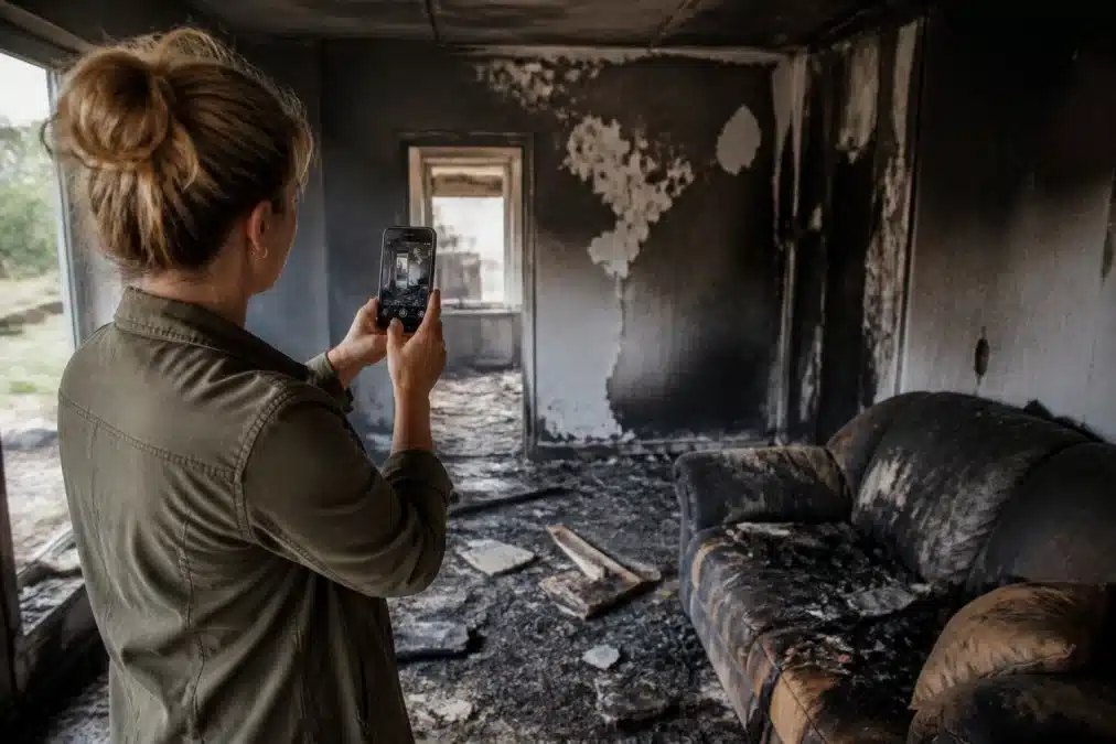 Homeowner photographing charred walls and fire damage in living room with smartphone, showing smoke-stained furniture and debris scattered across floor