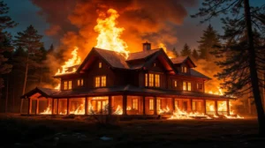 Two-story home engulfed in flames at dusk with towering fire and smoke—illustrating emergency fire damage restoration services by Mr. Restore in Dallas, Fort Worth, Amarillo, and Oklahoma City.