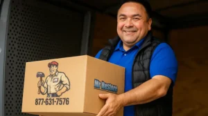 A smiling man in a blue polo and black vest, identified as a Mr. Restore DFW team member, carries a branded cardboard box with the Mr. Restore logo and phone number (877-631-7576) on it, standing near the back of a van.