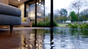 Living room interior with flooded hardwood floors reflecting a sofa and large windows—illustrating water and flood damage restoration services by Mr. Restore in Dallas, Fort Worth, Amarillo, and Oklahoma City.